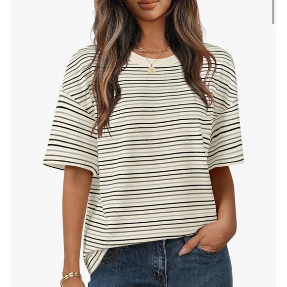 Amazon Tops - Merokeety Women's Summer Short Sleeve Top – White Striped – Size XXL –